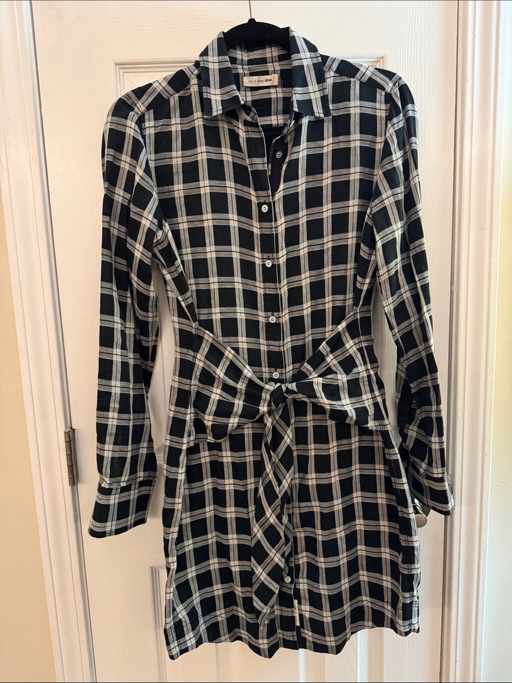 RAG & BONE Plaid Button Up Tie Front Cotton Shirt Dress Black & Cream Size Small
